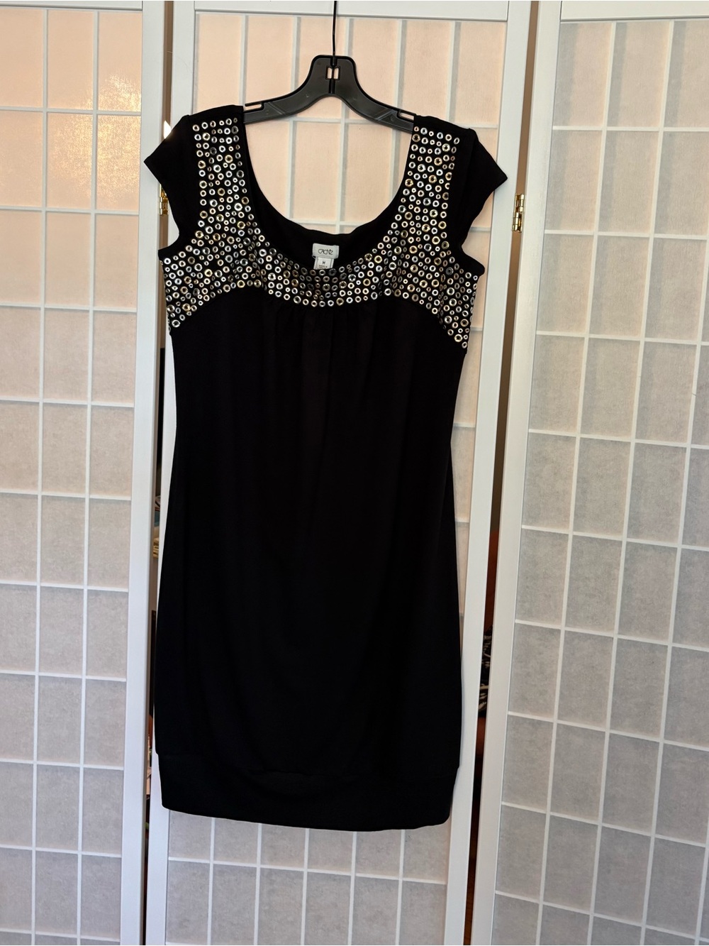 Cache Black Mini Dress with Silver and Gold Grommet Detail